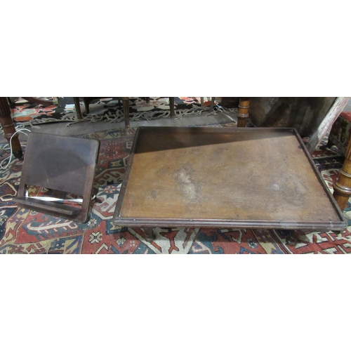 7141 - A Victorian mahogany bed table of sloping form and bookstand, 60cm x 45cm & 30cm x 33cm