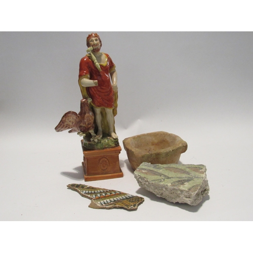 7143 - A 19th Century ceramic figure of Jupiter, two painted wall fragments and terracotta dish (4) figure ... 