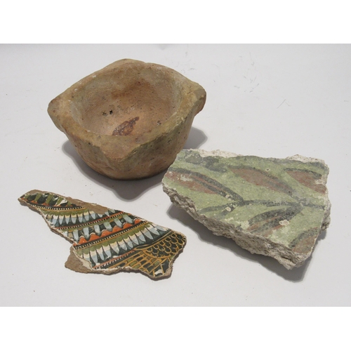 7143 - A 19th Century ceramic figure of Jupiter, two painted wall fragments and terracotta dish (4) figure ... 