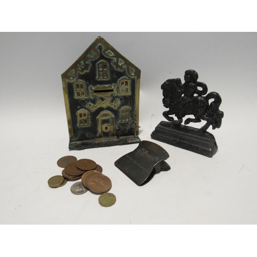 7146 - A Georgian wrought metal Yorkshire Bank money box with brass windows, door and street lamp, 19cm x 1... 