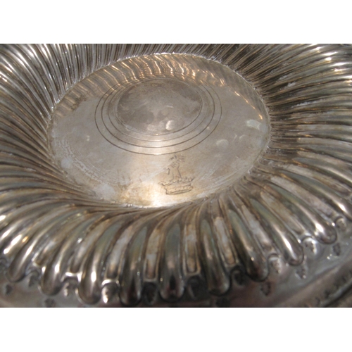 7148 - WITHDRAWN: London Assay office stamped foreign silver embossed charger/alms dish with family crest d... 