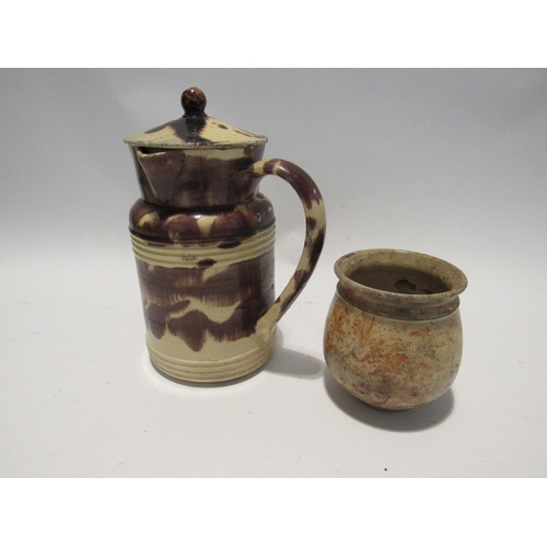 7156 - A 19th Century striped Provence pottery lidded jug, small pot and three tiles (5) 24cm and 11cm tall