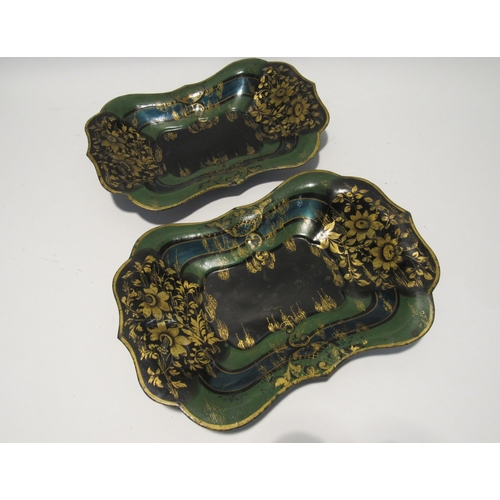 7157 - Two Regency toleware shaped dishes with gilt floral painted detail, 25cm x 35cm