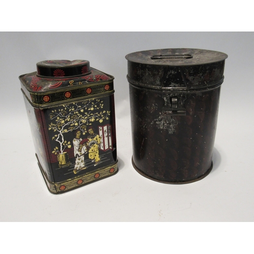 7161 - A vintage tin cannister and vintage chinoiserie tea cannister, 23 cm tall (2)