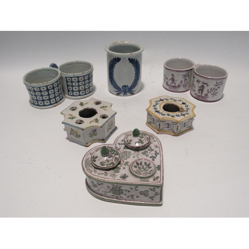 7164 - Six pieces of 1800 and later French Faience including two oil and vinegar set carriers, heart shaped... 