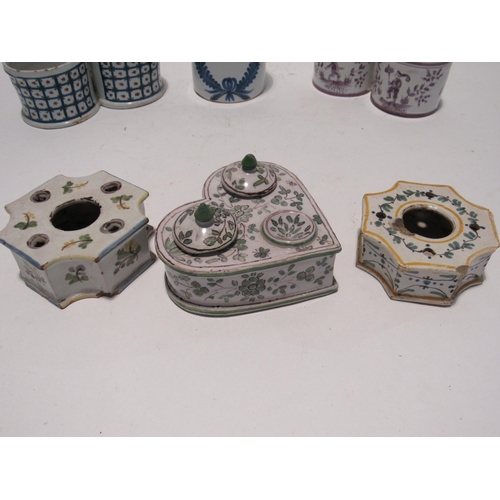 7164 - Six pieces of 1800 and later French Faience including two oil and vinegar set carriers, heart shaped... 