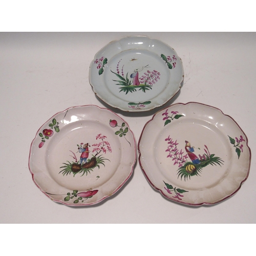 7167 - Seven late 18th/19th Century French Faience plates with Chinese decoration one plate with staple rep... 