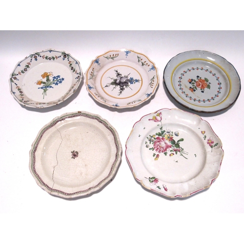 7172 - Eight 19th Century French Faience floral decorated plates, flaking and chips present and two Lunevil... 