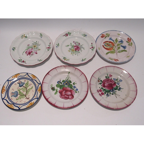 7172 - Eight 19th Century French Faience floral decorated plates, flaking and chips present and two Lunevil... 