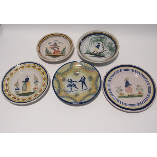 7173 - Five late 18th /early 19th Century French Faience plates decorated with figures.  One depicting figu... 