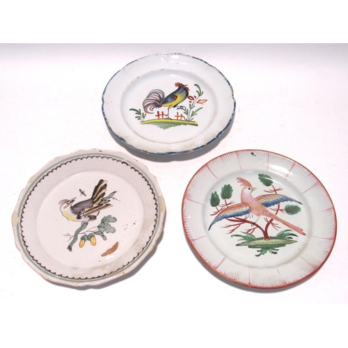 7178 - Seven late 18th/19th Century French Faience plates with bird decoration.  Two with staple repairs, a... 