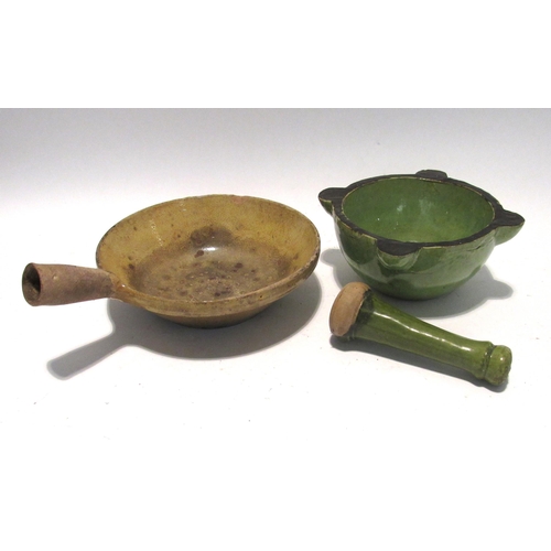 7180 - Six provincial French earthenware items including Pestle and Mortar, sieve, pots, etc