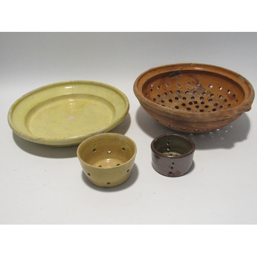 7180 - Six provincial French earthenware items including Pestle and Mortar, sieve, pots, etc