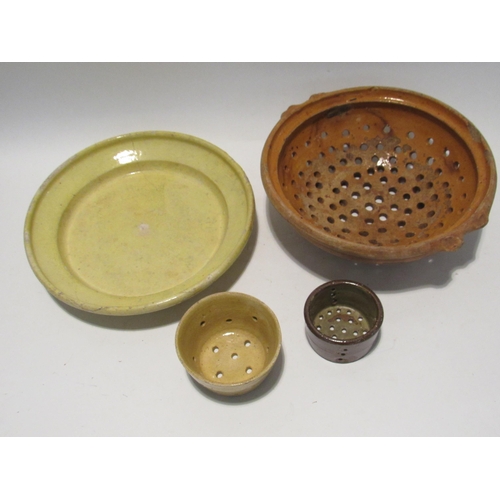 7180 - Six provincial French earthenware items including Pestle and Mortar, sieve, pots, etc