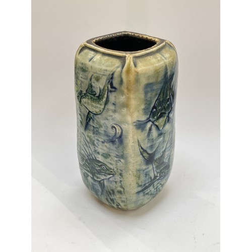 7297 - An early 20th Century Martin Brothers, Southall 'Aquatic' vase, square section, incised and painted ... 