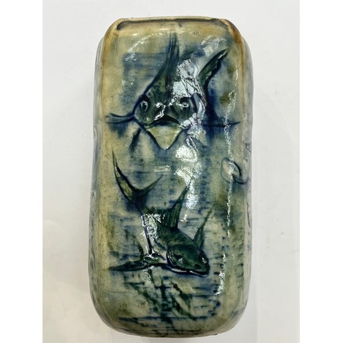 7297 - An early 20th Century Martin Brothers, Southall 'Aquatic' vase, square section, incised and painted ... 