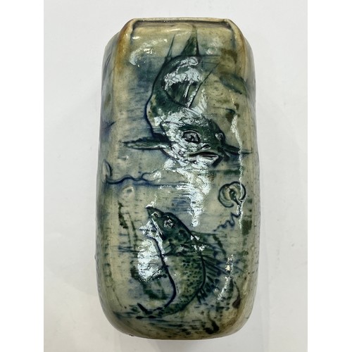 7297 - An early 20th Century Martin Brothers, Southall 'Aquatic' vase, square section, incised and painted ... 