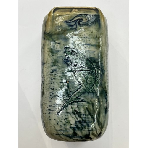 7297 - An early 20th Century Martin Brothers, Southall 'Aquatic' vase, square section, incised and painted ... 