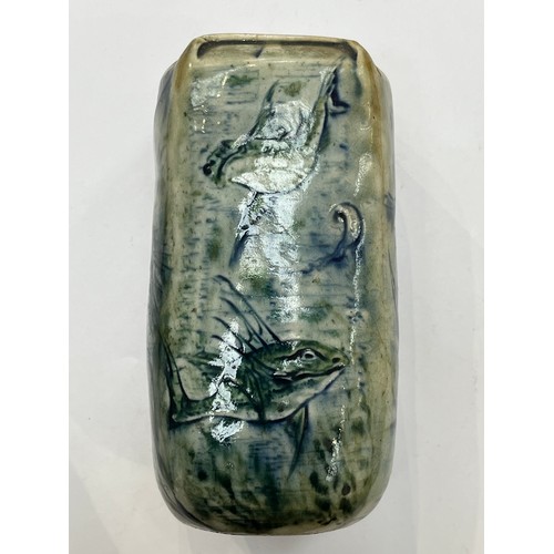 7297 - An early 20th Century Martin Brothers, Southall 'Aquatic' vase, square section, incised and painted ... 