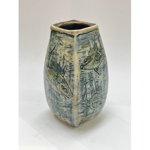 7298 - An early 20th Century Martin Brothers, Southall 'Aquatic' vase, square section, incised and painted ... 