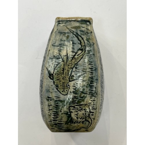 7298 - An early 20th Century Martin Brothers, Southall 'Aquatic' vase, square section, incised and painted ... 