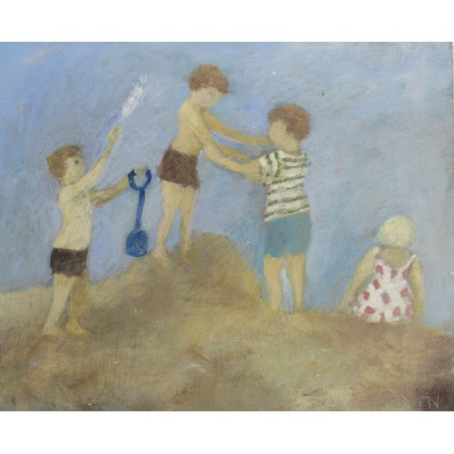 6075 - TESSA NEWCOMB (b.1955) A small oil on board titled 'Boys'. Monogram bottom right. Provenance - purch... 