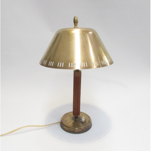 7818 - A retro wood and brass table lamp with pierced brass shade, 42cm tall