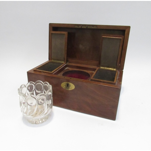 7819 - A mahogany tea caddy with two hinged lidded tea cannisters and glass mixing bowl  (R) £40