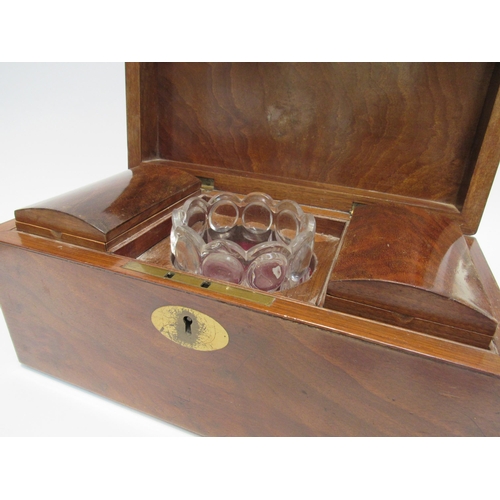 7819 - A mahogany tea caddy with two hinged lidded tea cannisters and glass mixing bowl  (R) £40