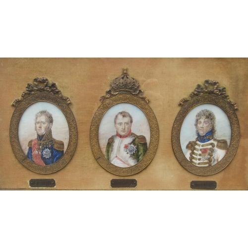 7828 - Three 19th Century portrait miniatures on ivory in the manner of Jacques Louis David, depicting Napo... 