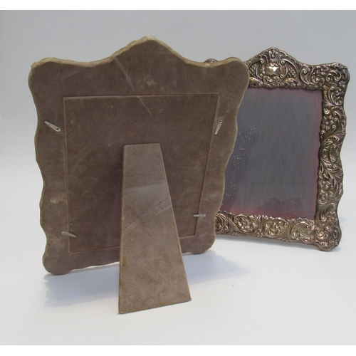 7842A - A pair of Sheffield silver plate easel back photograph frames, foliate scrolled design, overall 38cm... 