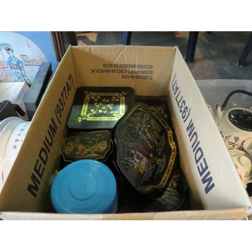 1249 - Three boxes of miscellaneous Oriental tins, ceramics and glass etc.   (E) £10-20