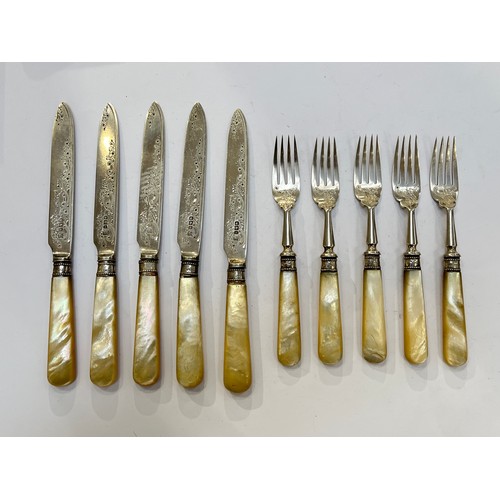 7329 - A set of five James Deakin & Sons (John & William F Deakin) silver fruit knives and forks with mothe... 