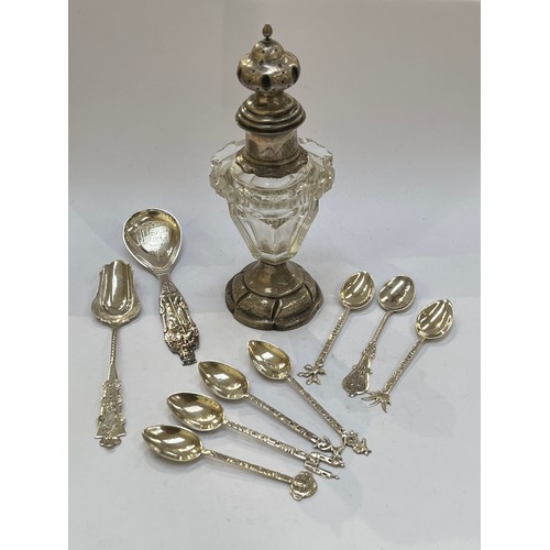 7332 - A Dutch silver and glass perfume bottle (no stopper) and assorted Dutch silver spoons & spoons marke... 