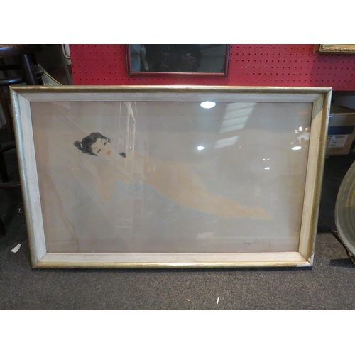 1080 - A nude charcoal of a reclining woman, signed indistinctly lower right, framed and glazed, a/f water ... 