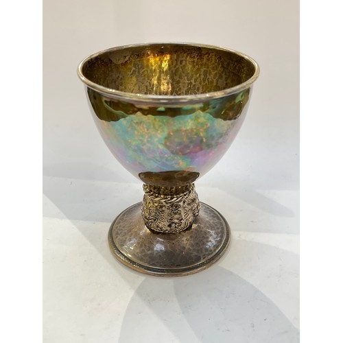 7338 - A Ramsden and Carr (Omar Ramsden and Alwyn Carr) silver goblet, hammered finish with lion mask detai... 