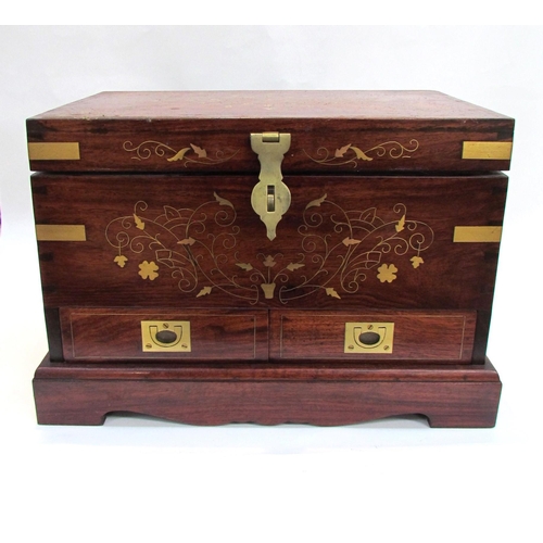 7505 - A reproduction rosewood inlaid brass box, campaign style handles