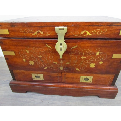 7505 - A reproduction rosewood inlaid brass box, campaign style handles