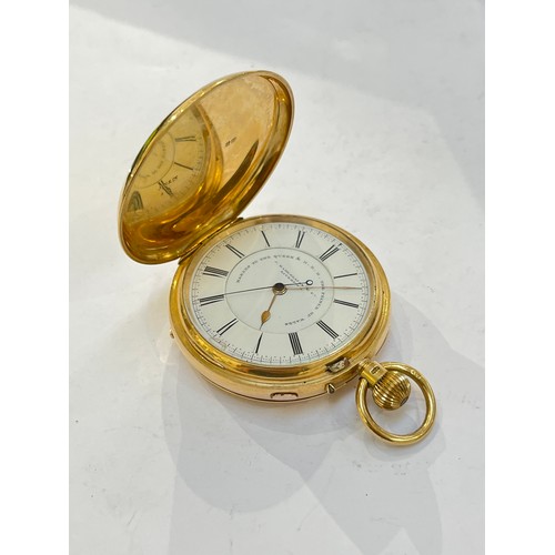 7344 - An 18ct gold hunter case keyless lever chronograph pocket watch, the movement signed J. Hargreaves a... 