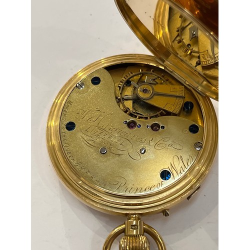 7344 - An 18ct gold hunter case keyless lever chronograph pocket watch, the movement signed J. Hargreaves a... 