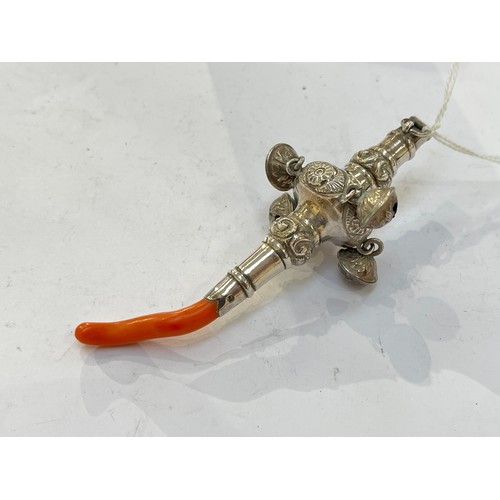 7350 - A 19th Century silver and coral teething rattle and whistle