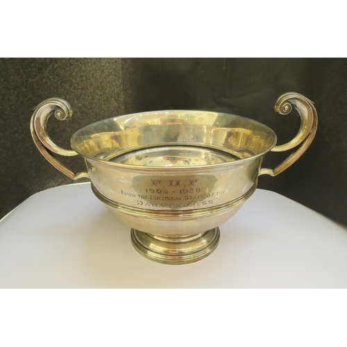 7355 - A James Dixon & Sons silver twin handled trophy bowl with enamel inscription pedestal base, Sheffiel... 