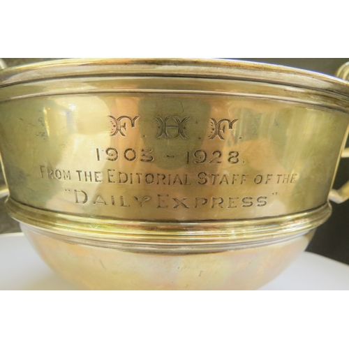 7355 - A James Dixon & Sons silver twin handled trophy bowl with enamel inscription pedestal base, Sheffiel... 