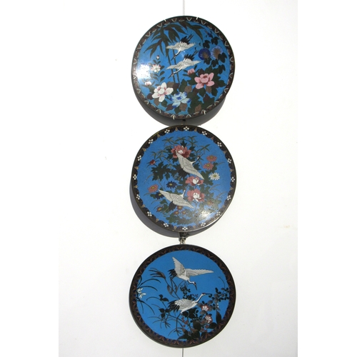 7478 - Three Chinese cloisonné chargers depicting cranes, 30cm diameter  (R)  £150