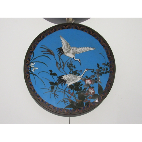 7478 - Three Chinese cloisonné chargers depicting cranes, 30cm diameter  (R)  £150