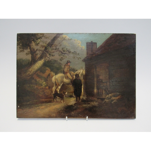 7749 - GEORGE MORLAND (1762/63-1804): An oil on board 'Exterior of an Inn with horse', unframed, 25.5cm x 3... 