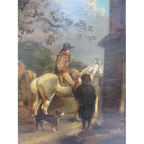 7749 - GEORGE MORLAND (1762/63-1804): An oil on board 'Exterior of an Inn with horse', unframed, 25.5cm x 3... 