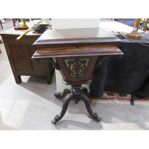 7750 - A Victorian rosewood sewing table, rectangular top, fret carved trumpet form, 73cm high