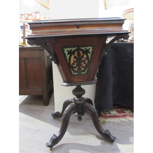 7750 - A Victorian rosewood sewing table, rectangular top, fret carved trumpet form, 73cm high