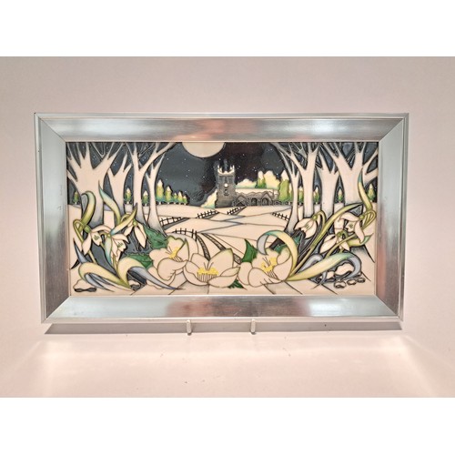 7581 - A Moorcroft Church and Moonlight framed plaque by Nicola Slaney. Second. 14.5cm x 19cm